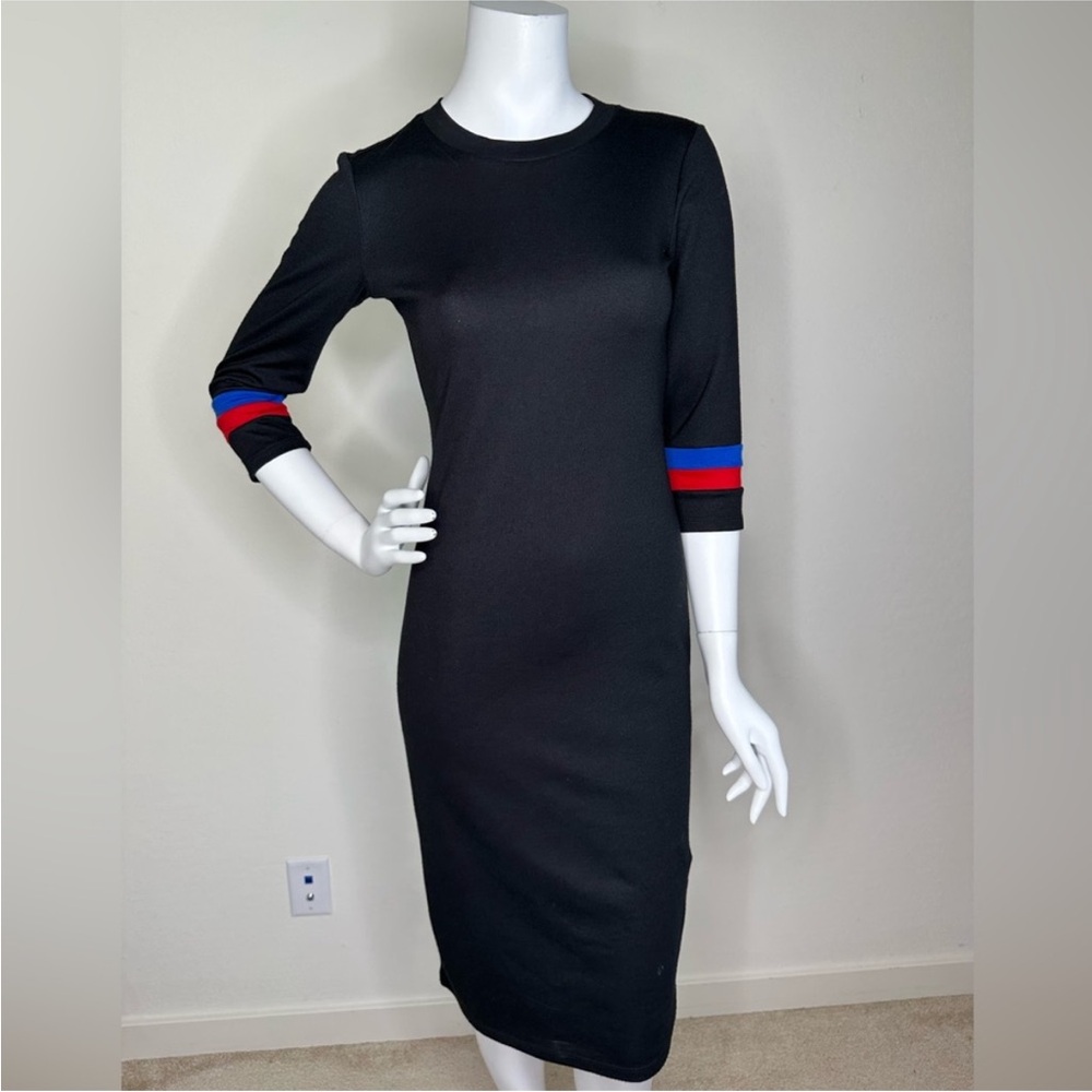 ZARA TRAFULUC BLACK RED BLUE STRIPED SLEEVE FITTED BODYCON MIDI DRESS SZ M